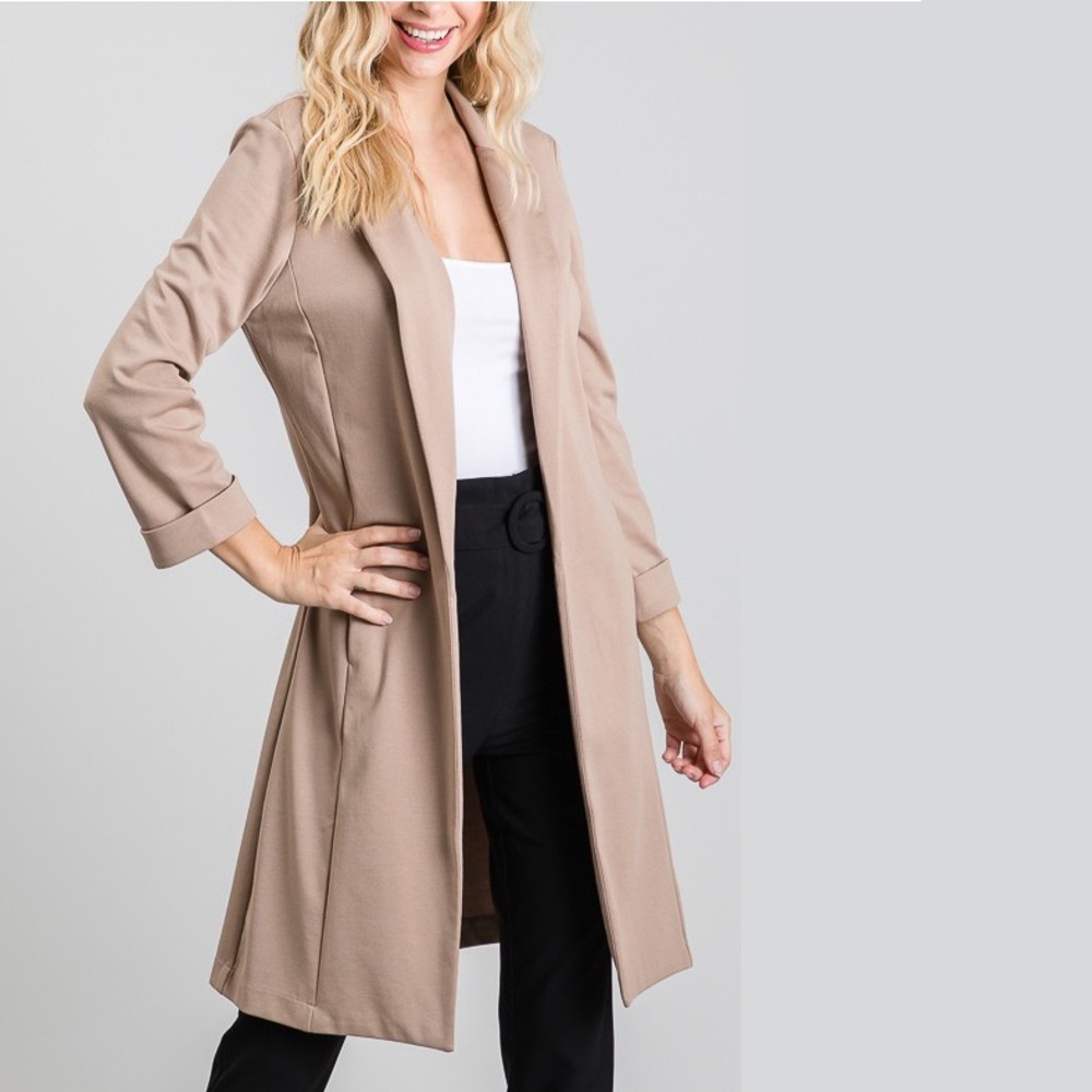 Tan Taupe Latte Buttonless Open Front Blazer Jacket with Hidden Pockets